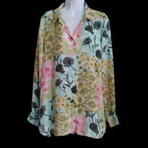 Rose & Olive Floral Boho Flowy Button Watercolor Silky Office Church Blouse 1X